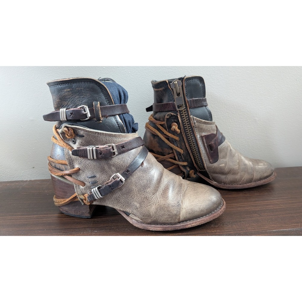 Freebird Crue Leather Booties Tan Grey Distressed Size 8